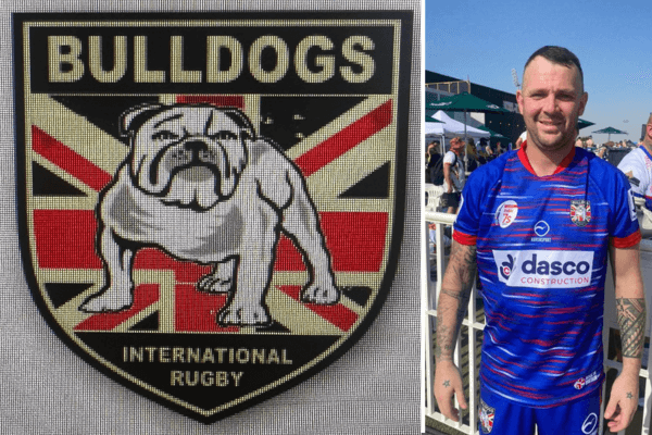 1 rugby player with Dasco construction sponsored shirts and the bulldogs international rugby logo
