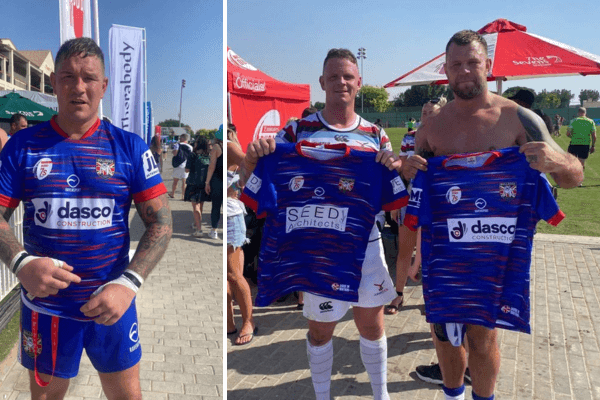 3 rugby players, 2 with Dasco construction sponsored shirts