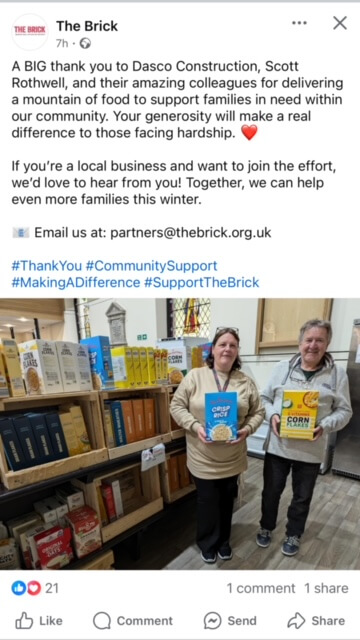 Social media post thanking Dasco for their food donation