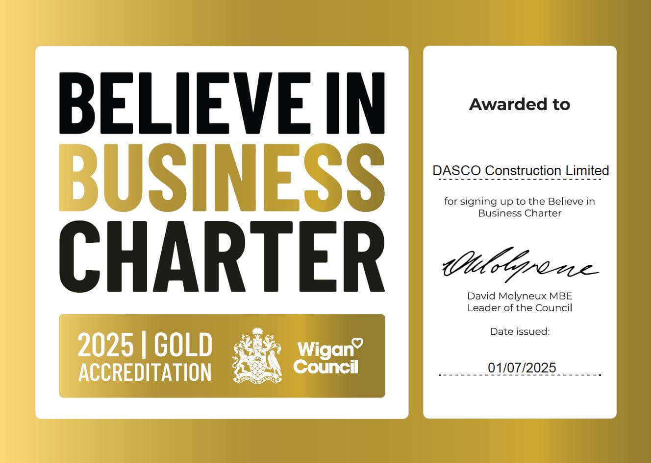 Wigan Councils Believe In Business Charter Gold Award