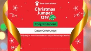 Red thank you graphic from Save the Children thanking DASCO for their donation