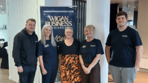 Wigan Business Awards 2026 Lifetime Achievement Judges Scott Rothwell from DASCO Construction, Jayne Shufflebotham, Glynis Dover, Nichola Howard and Oliver Senior