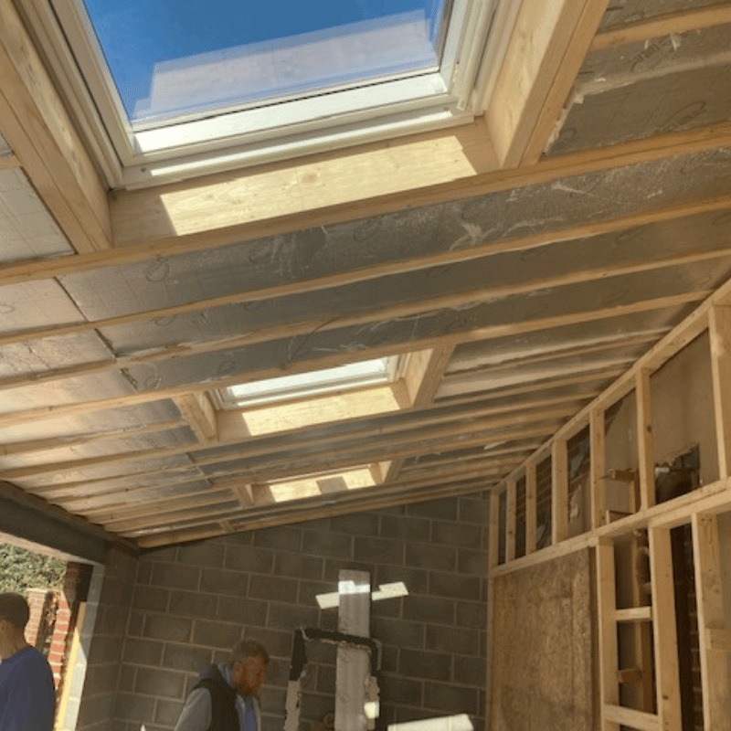 Worsley extension timber roof frames with roof light